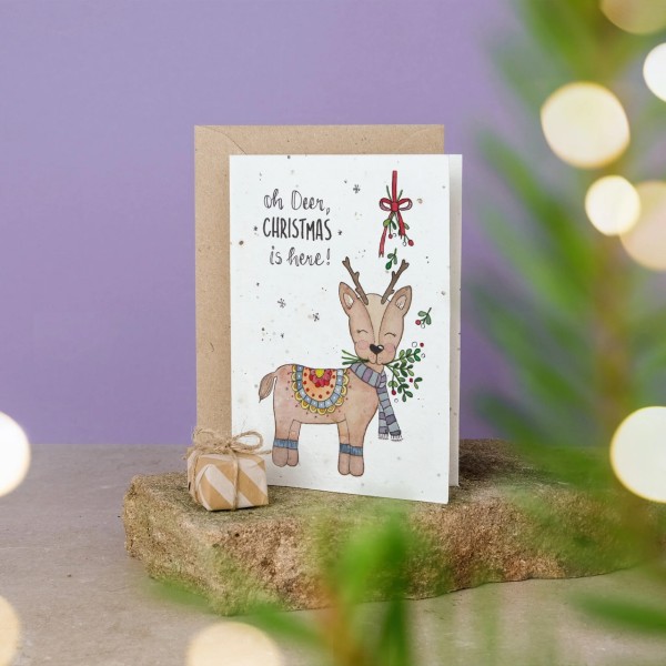 Grußkarte aus Samenpapier "Oh Deer, Christmas is here"