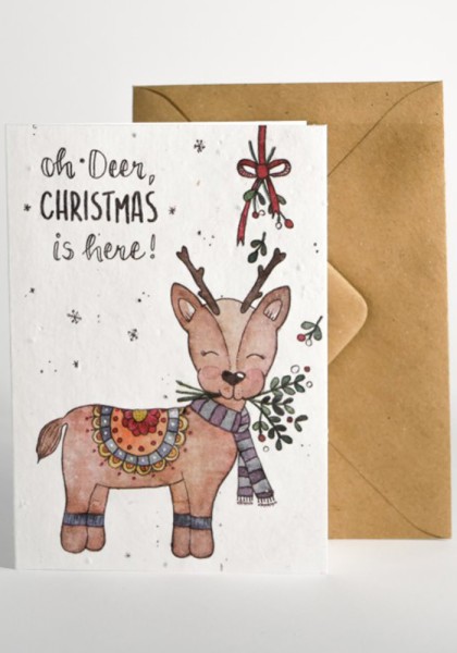 Grußkarte aus Samenpapier "Oh Deer, Christmas is here"